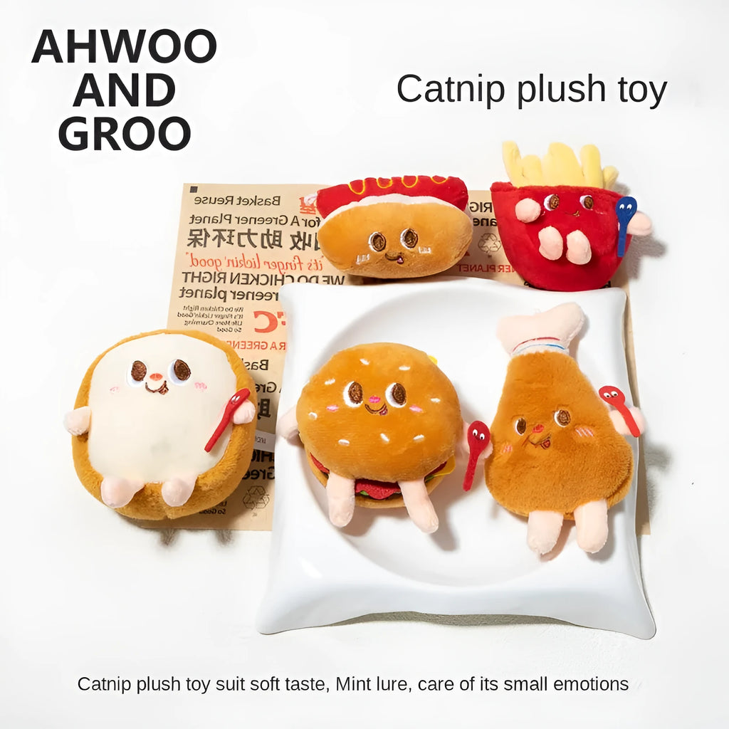 Cat chewing toy with hamburger and chicken leg designs for teething kittens