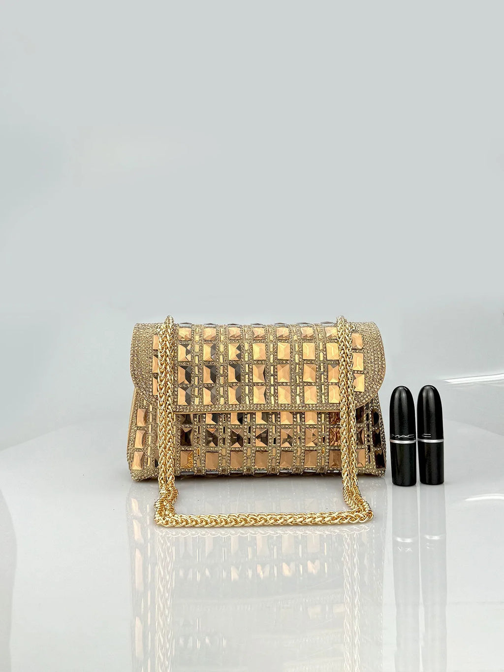 Shiny glass rhinestone chain clutch handbag in silver with open pocket and chain strap