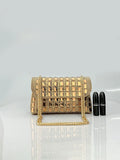Shiny glass rhinestone chain clutch handbag in silver with open pocket and chain strap