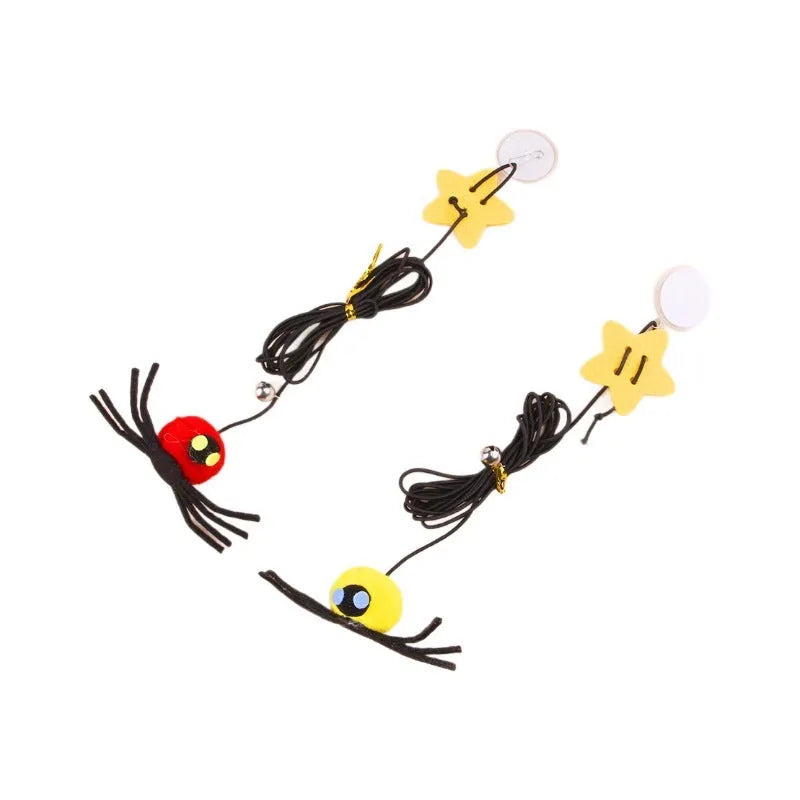 Hanging door cat toy with feather stick, bell, and spider attachment on elastic rope