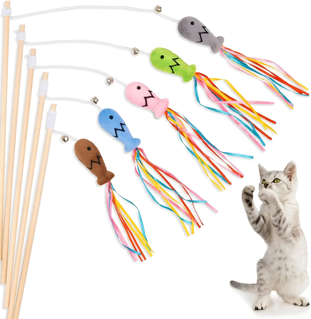 Cat wand toy with colourful ribbons, catnip fish, and bell on natural wooden handle