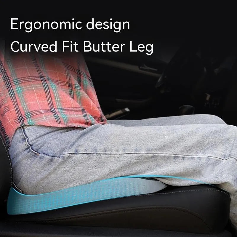 Curved bevel seat cushion with memory foam core for tailbone support during driving