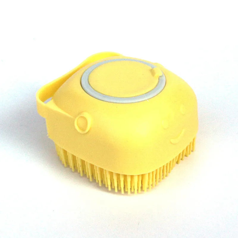 Silicone dog bath massage brush with shampoo dispenser, beige colour, round shape, on white background