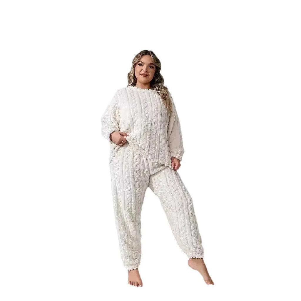 Women's creamy white polyester two-piece lounge suit with long sleeves and trousers