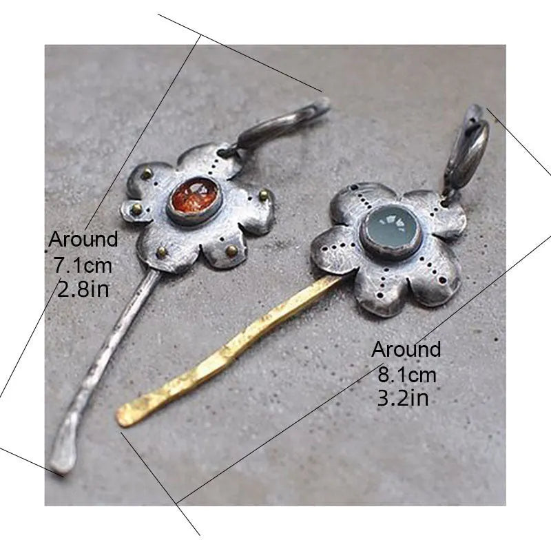 Fashion retro two-tone flower long earrings, alloy, electroplated finish, geometric shape, asymmetrical colours