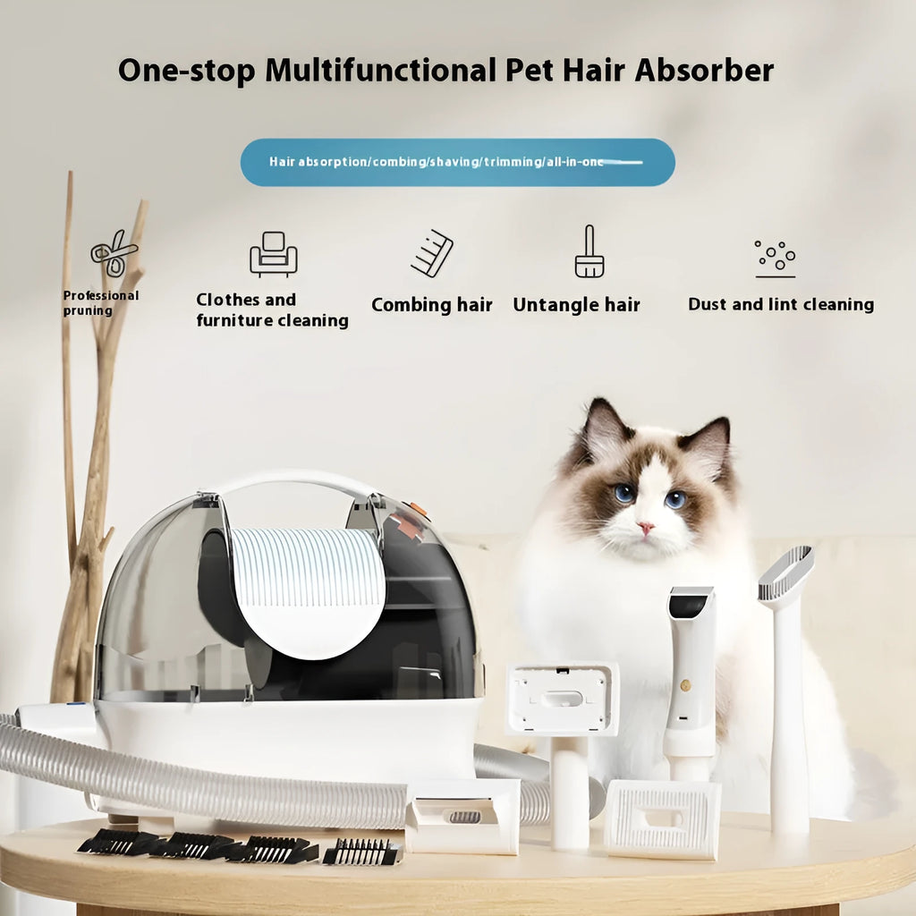 Pink and white pet grooming vacuum cleaner with conditioner dispenser and attachments
