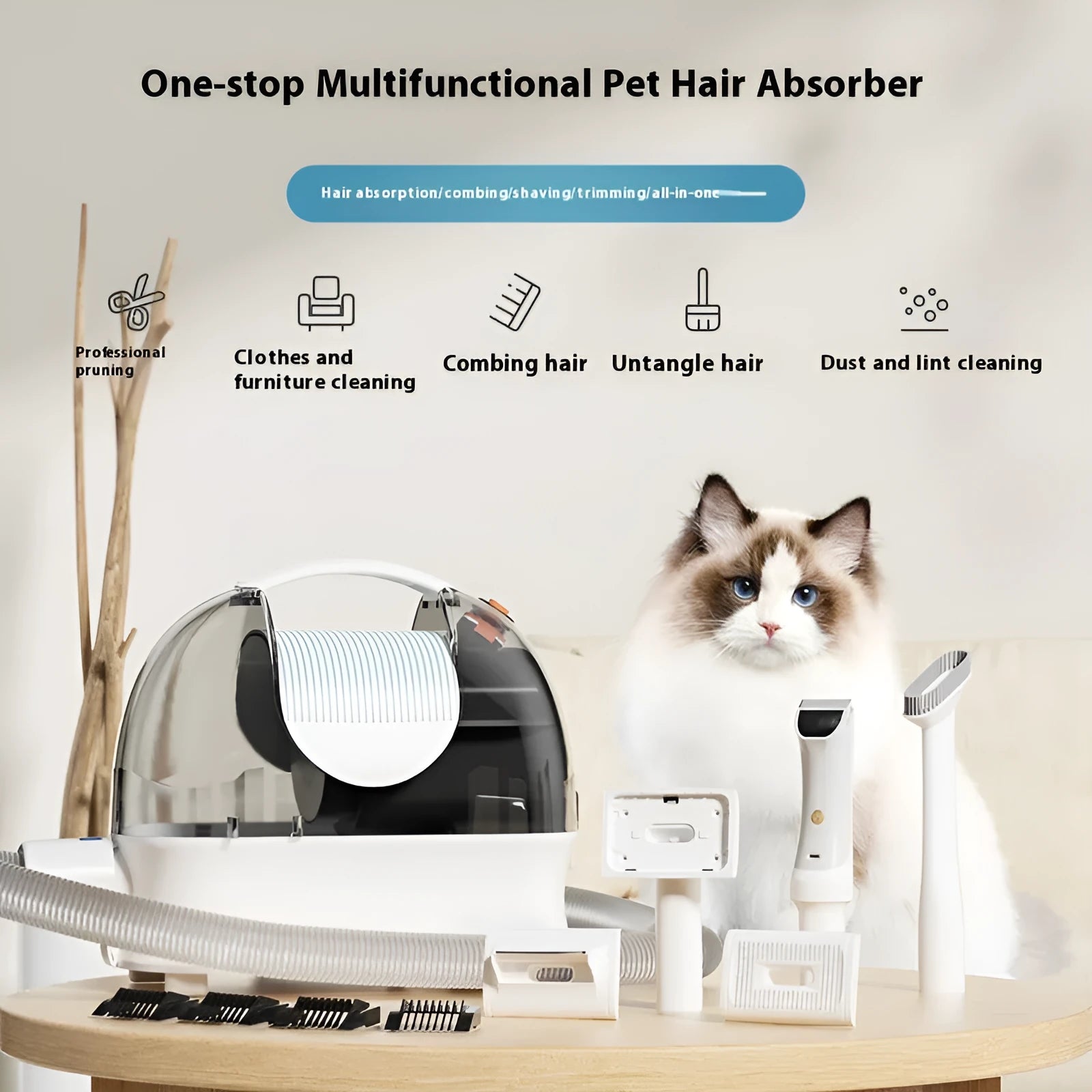 Pink and white pet grooming vacuum cleaner with conditioner dispenser and attachments