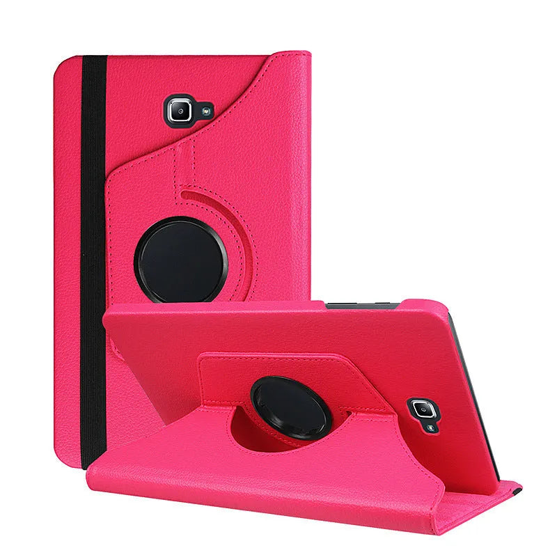 Rotating leather tablet case in clamshell business design showing adjustable viewing mechanism