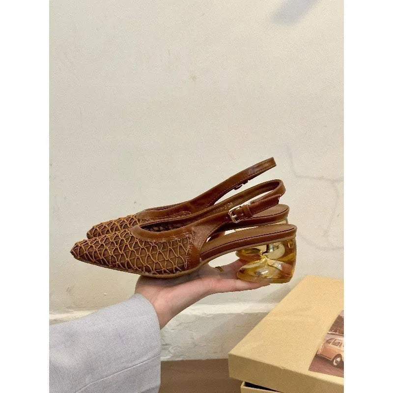 Square toe woven toe cap slingback sandals for women in brown, black, and apricot