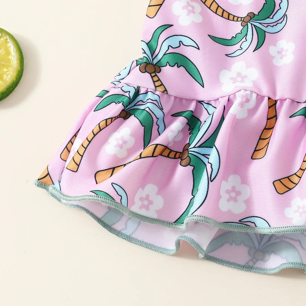 White two-piece toddler swimsuit set with a top and matching shorts on a hanger.