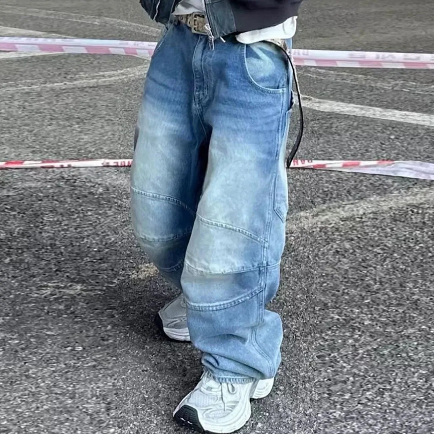 Profile pleated baggy washed white blue cotton denim straight-leg jeans with zip fly