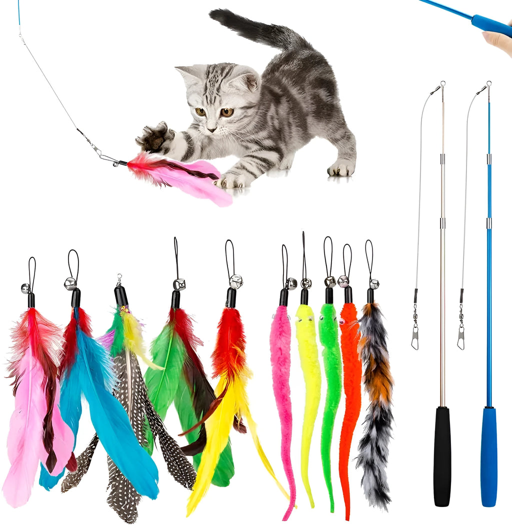 Cat handheld teaser fishing rod set with feather replacement heads and three-section design