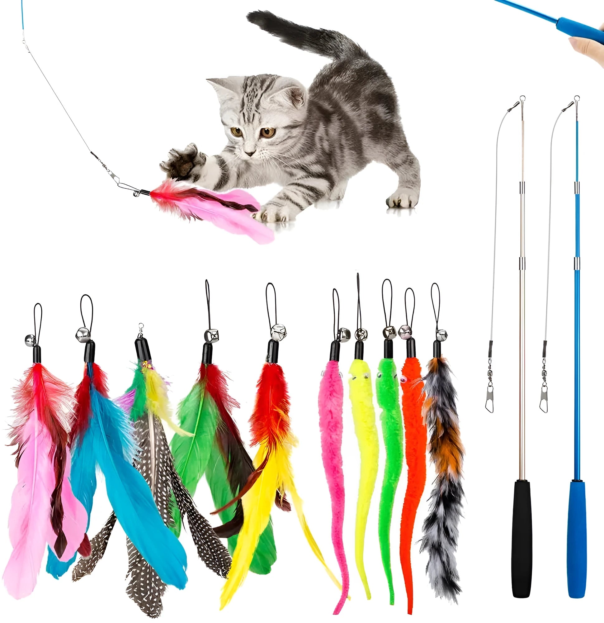 Cat handheld teaser fishing rod set with feather replacement heads and three-section design