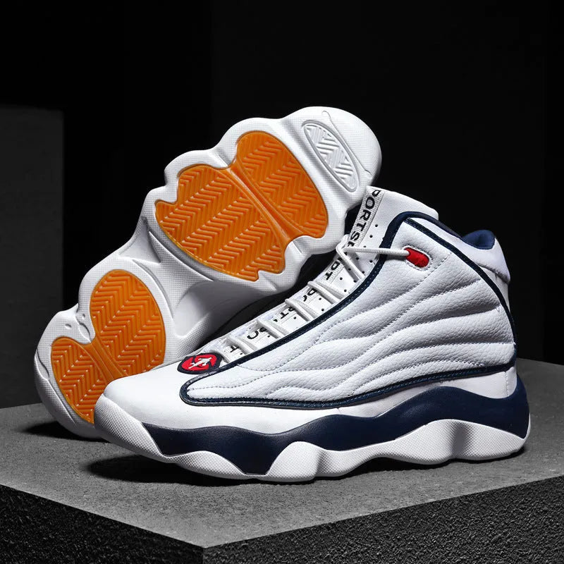 Men's high-top basketball shoes with thick rubber sole and mesh upper in white and red colourway.