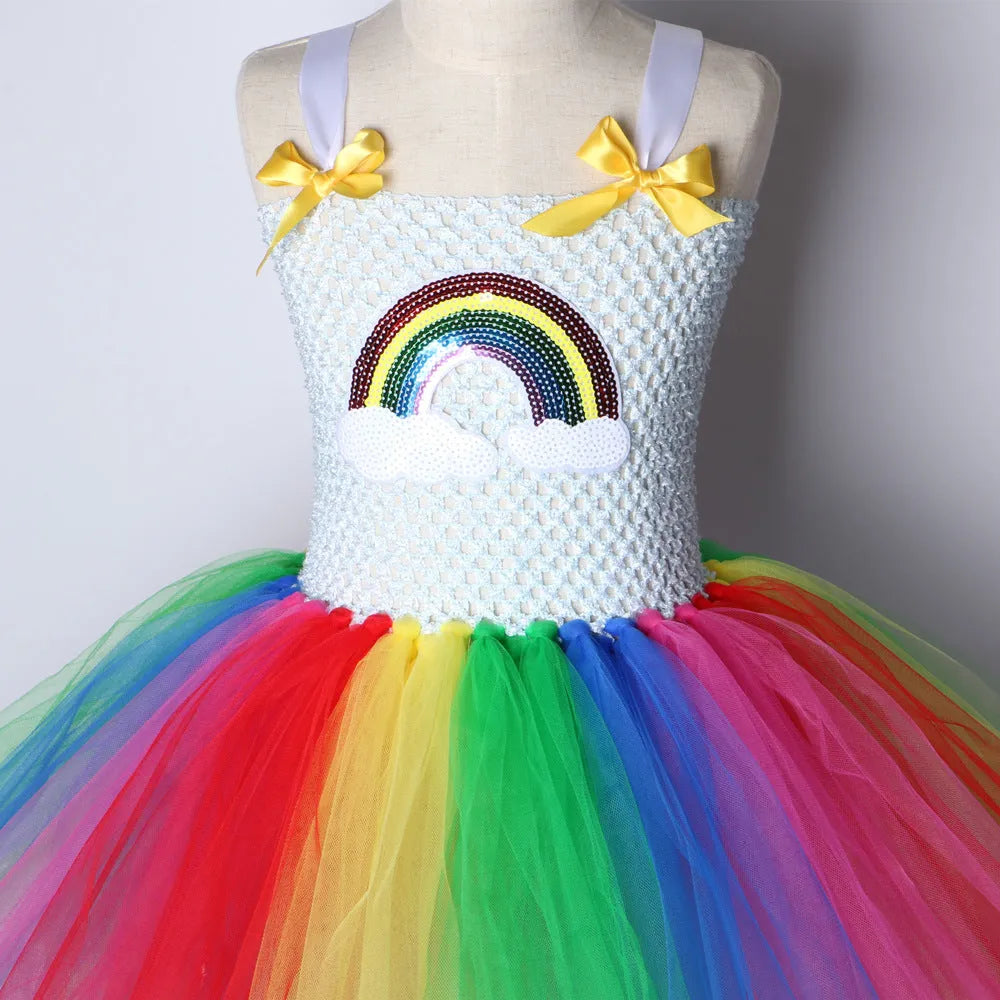 Children's net yarn rainbow show princess dress in sling style with rainbow colour matching, made from nylon and polyester lining.