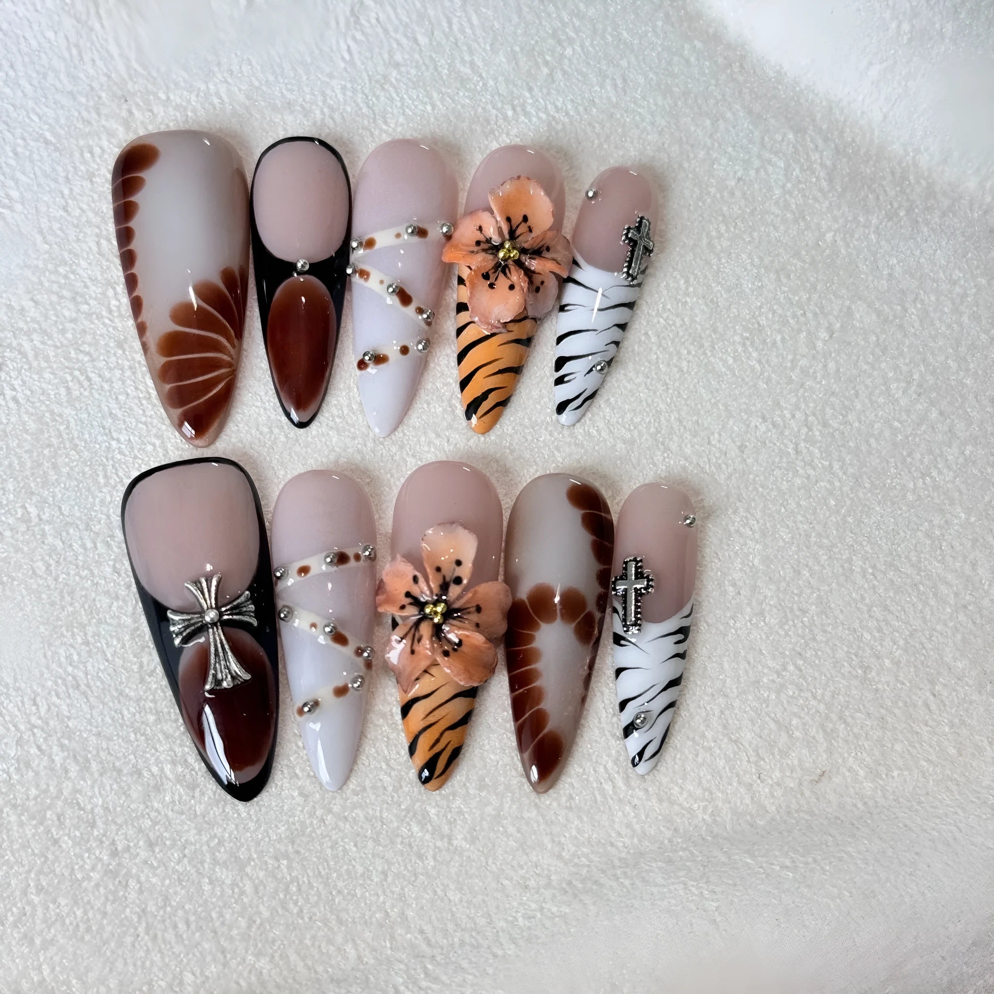Handmade French style leopard print nail stickers with cross and flower patterns in long tip design available in sizes XS to L