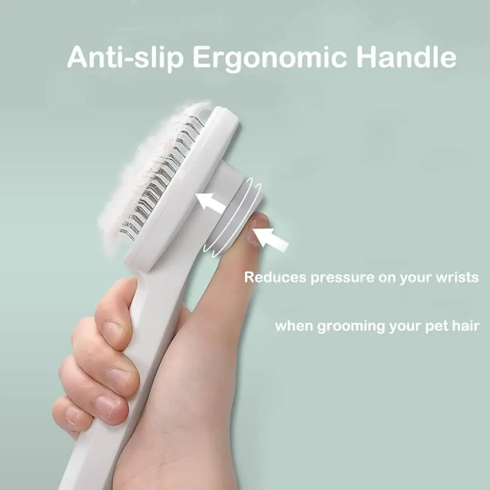 Blue self-cleaning cat brush with a rubber handle and a one-click button for hair removal.