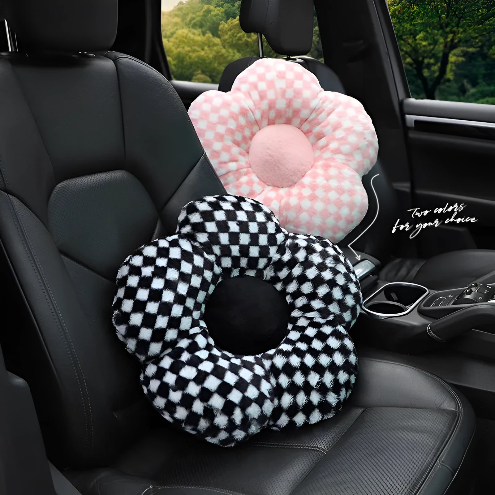 Plush automotive headrest neck pillow with checkered pattern for car seat comfort