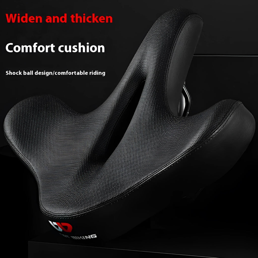 Black bicycle saddle cushion with thick foam padding for shock absorption on mountain bikes