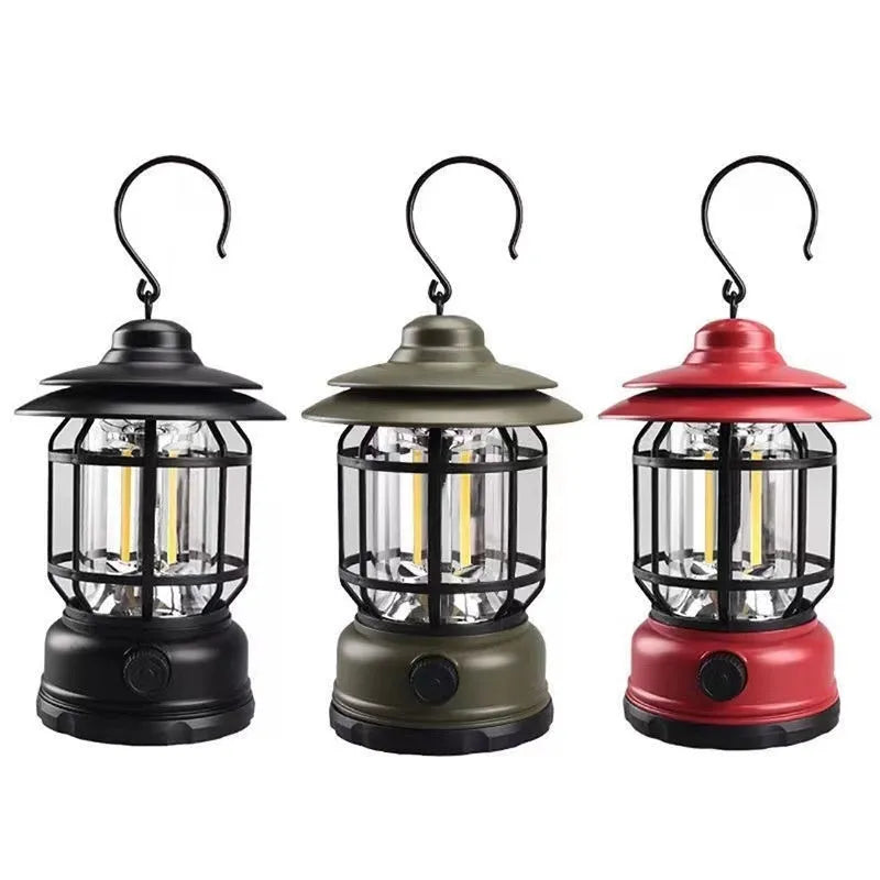 Portable camping barn lantern in dark green, black or red colours with LED light