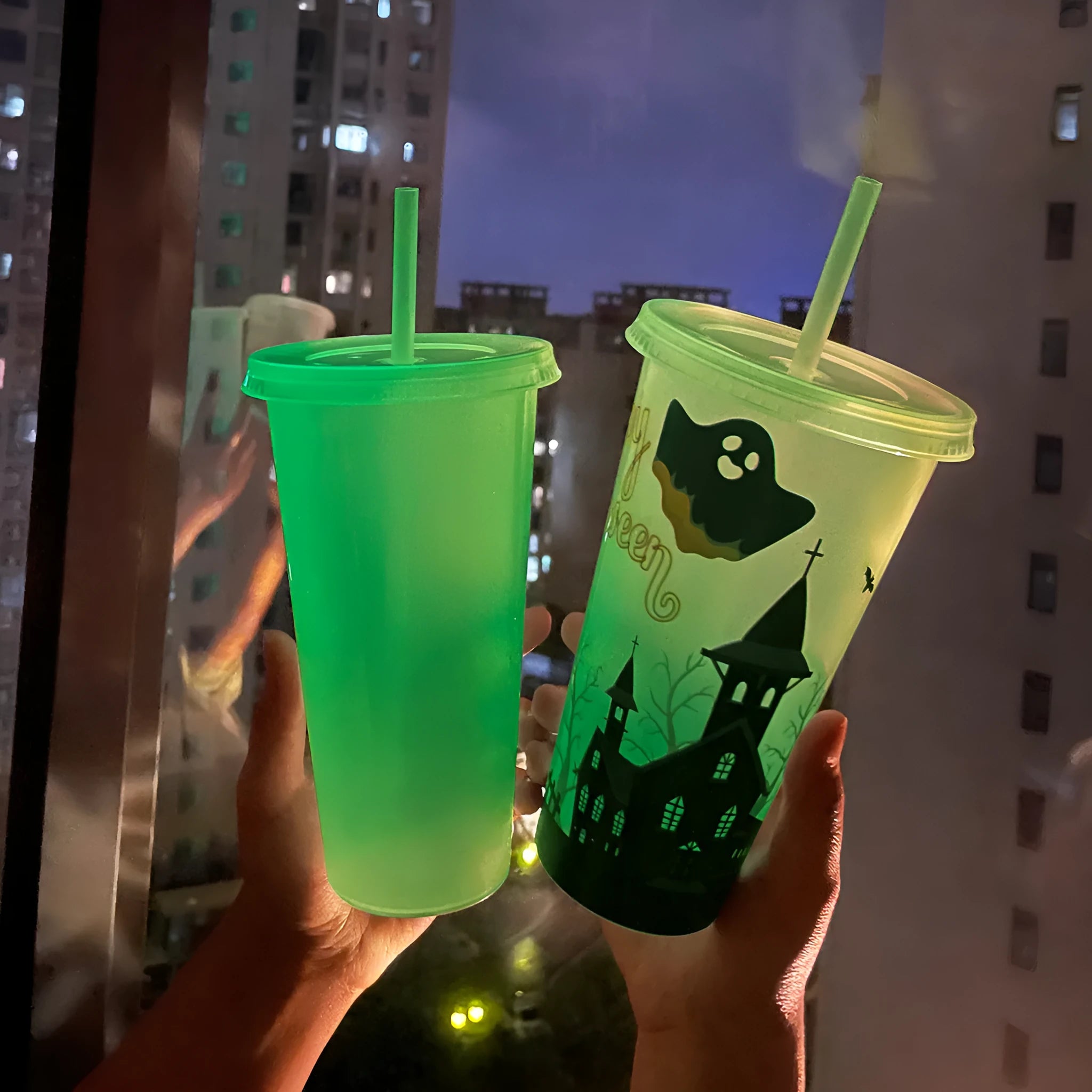720ml plastic Halloween sippy cup with luminous straw in six colour options
