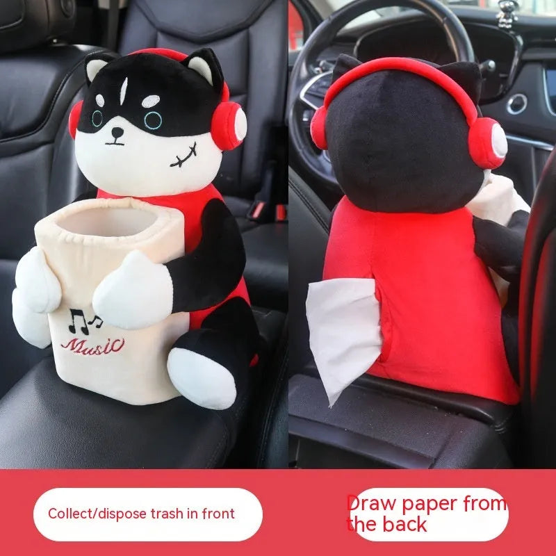 Plush car tissue box for flip armrest with dog design, 27x33cm