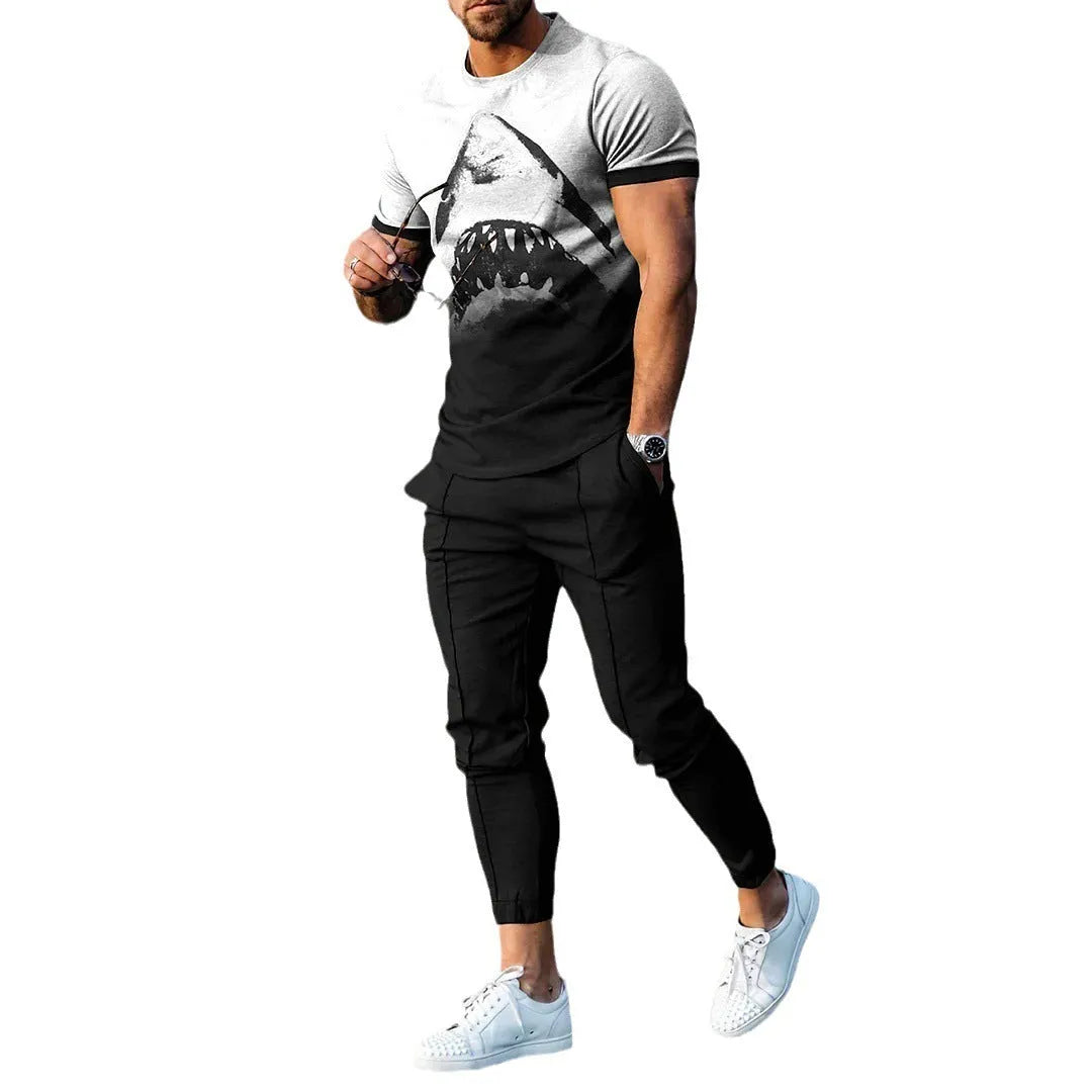 Men's thin short sleeve round neck pullover and matching trousers set in a solid colour