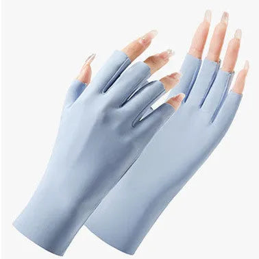 Women's UPF50 ice silk gloves in various colours showing thin nylon construction