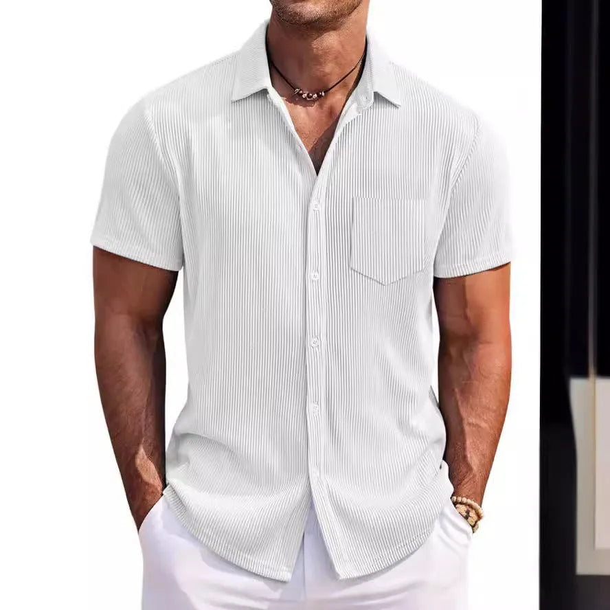 Men's loose-fit solid colour vertical stripe short-sleeved polyester shirt in gray on a plain background