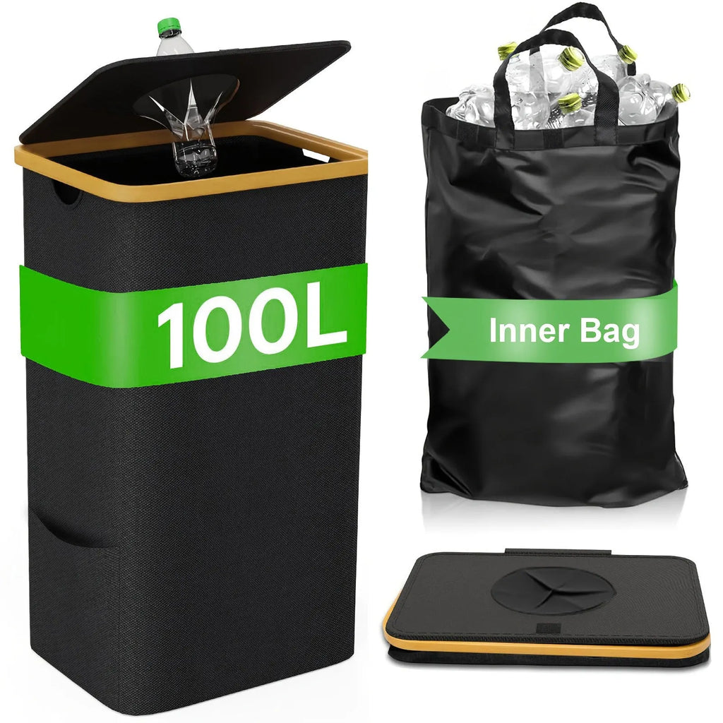 Black bamboo frame storage basket with removable lid and double inner pockets for bottle recycling organisation