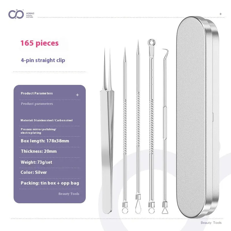 Four silver metal acne needles with ultra-fine points for blackhead removal.