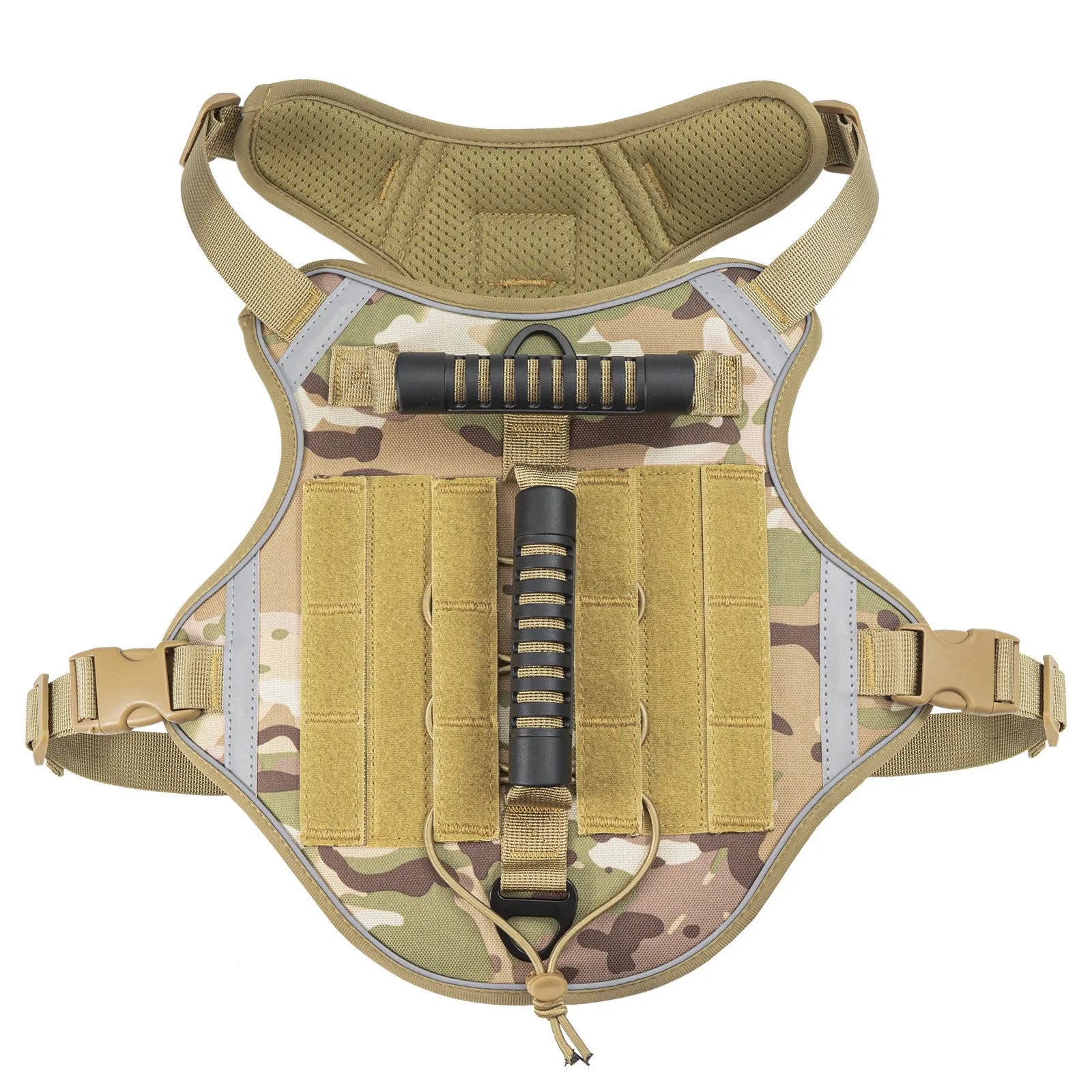 Tactical dog harness vest made from breathable polyester with hand holding rope and reflective strip in army green colour