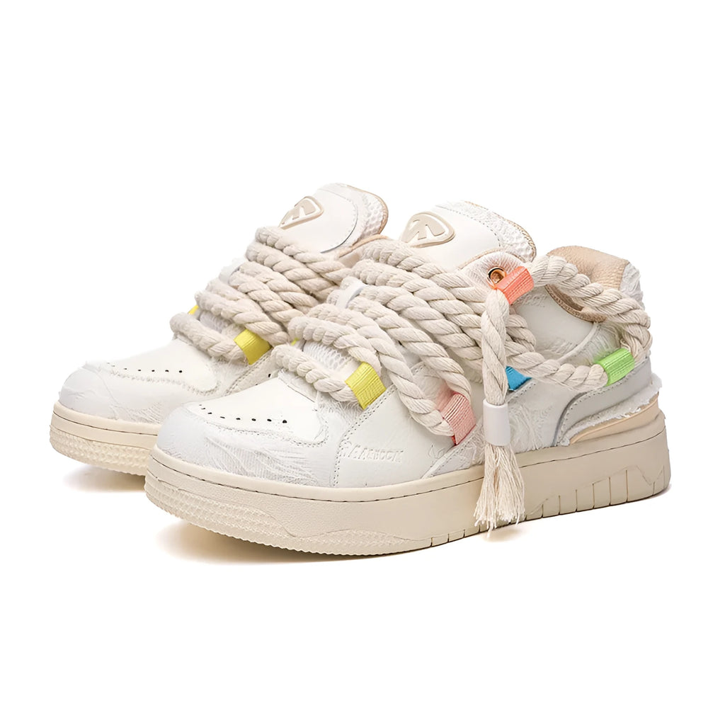 Creamy white retro skateboard shoes with old damage style, lace-up front, platform heel and round toe