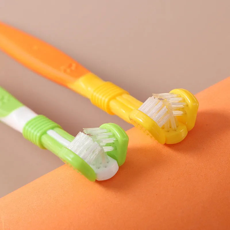 Pet toothbrush with plastic handle and nylon bristles in multiple colour options on sealed bag packaging