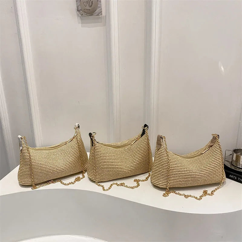 Women's woven straw crossbody bag in horizontal square shape with phone pocket, khaki colour
