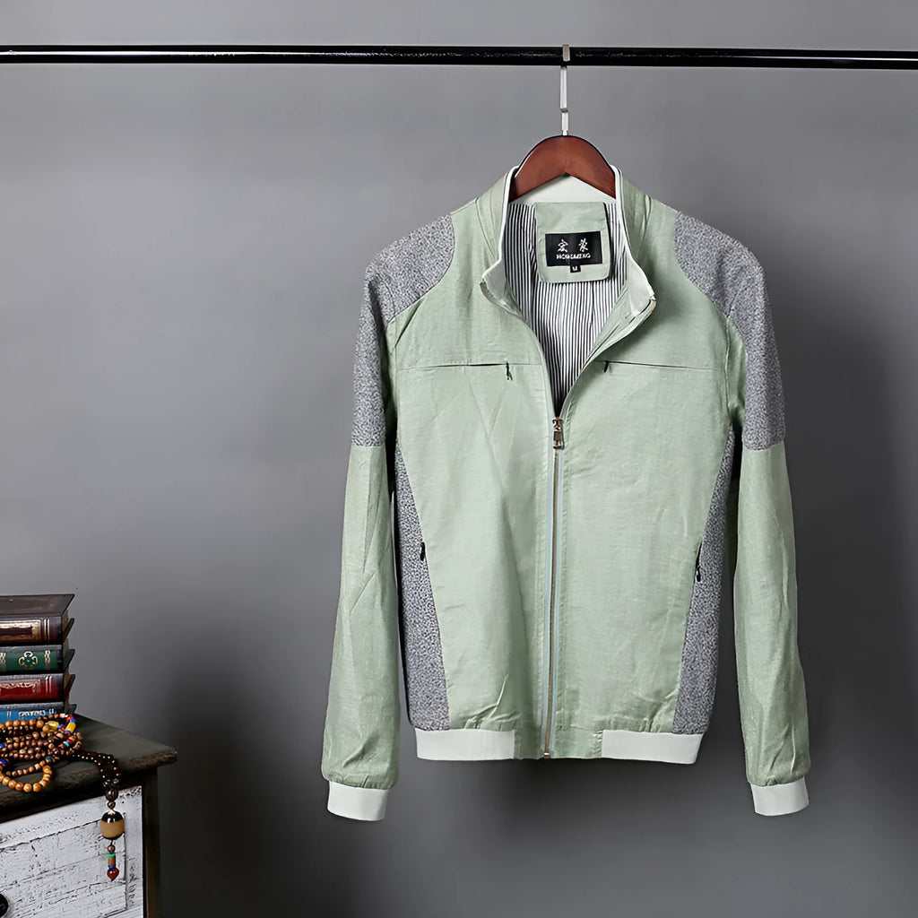 Men's thin cotton linen jacket in colour block pattern, shown in heather grey, grass green, and blue colour options.