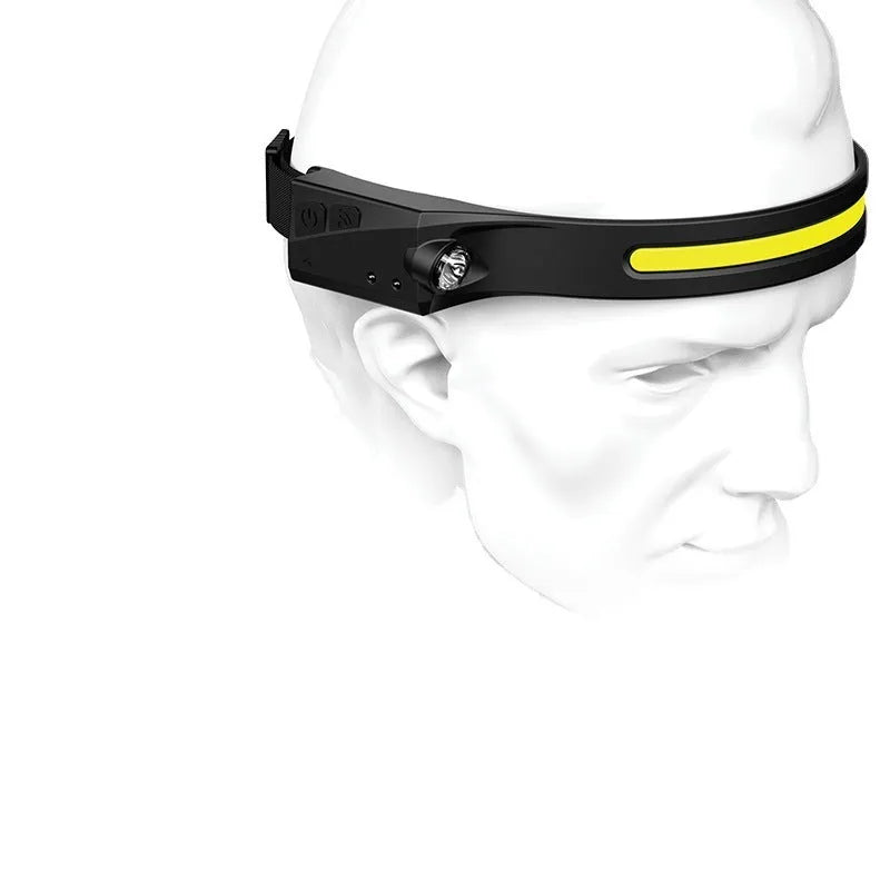 COB LED induction headlamp with USB rechargeable, 230-degree beam and 100m range side LED on a person wearing it outdoors