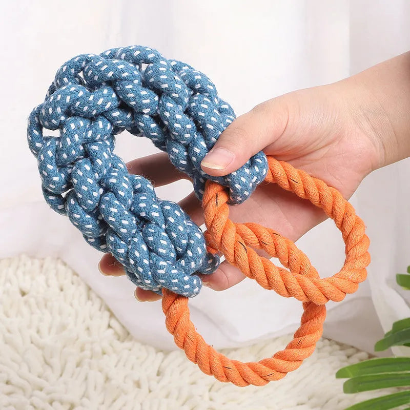 Blue braided cotton double-ring dog teething toy on white background