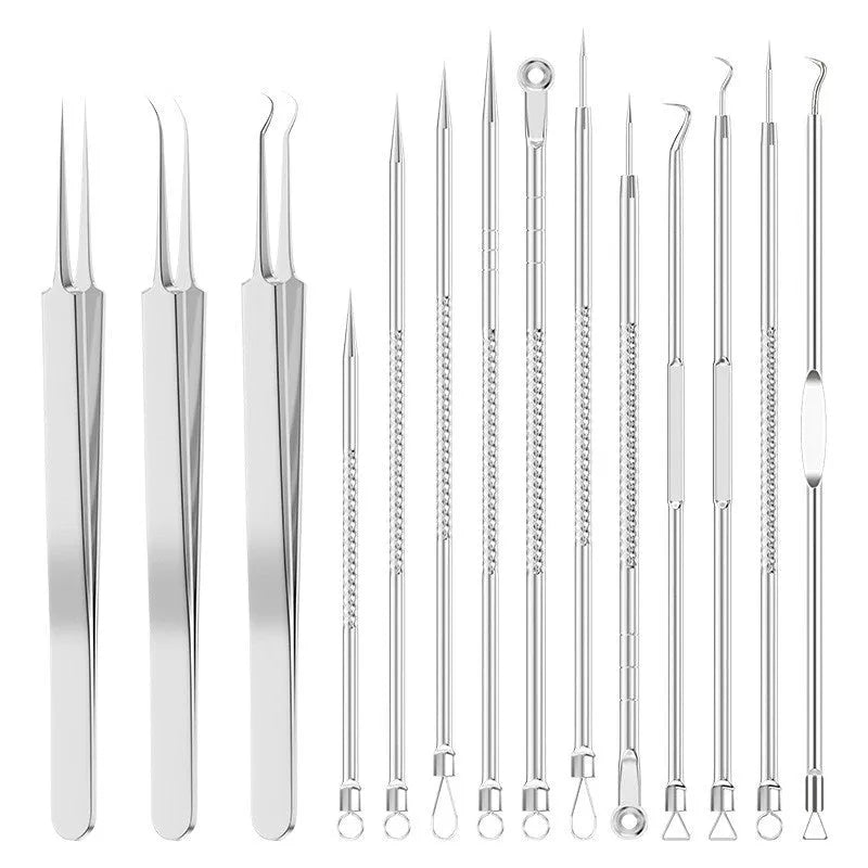 Four silver metal acne needles with ultra-fine points for blackhead removal.