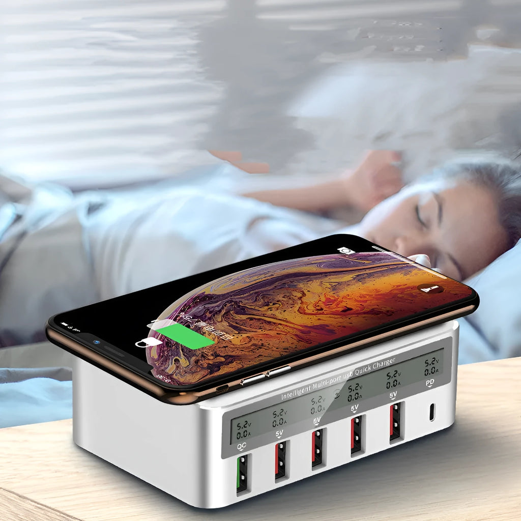 QC30 50W desktop USB charger with six ports, Type-C fast charge, and wireless charging pad, UK plug