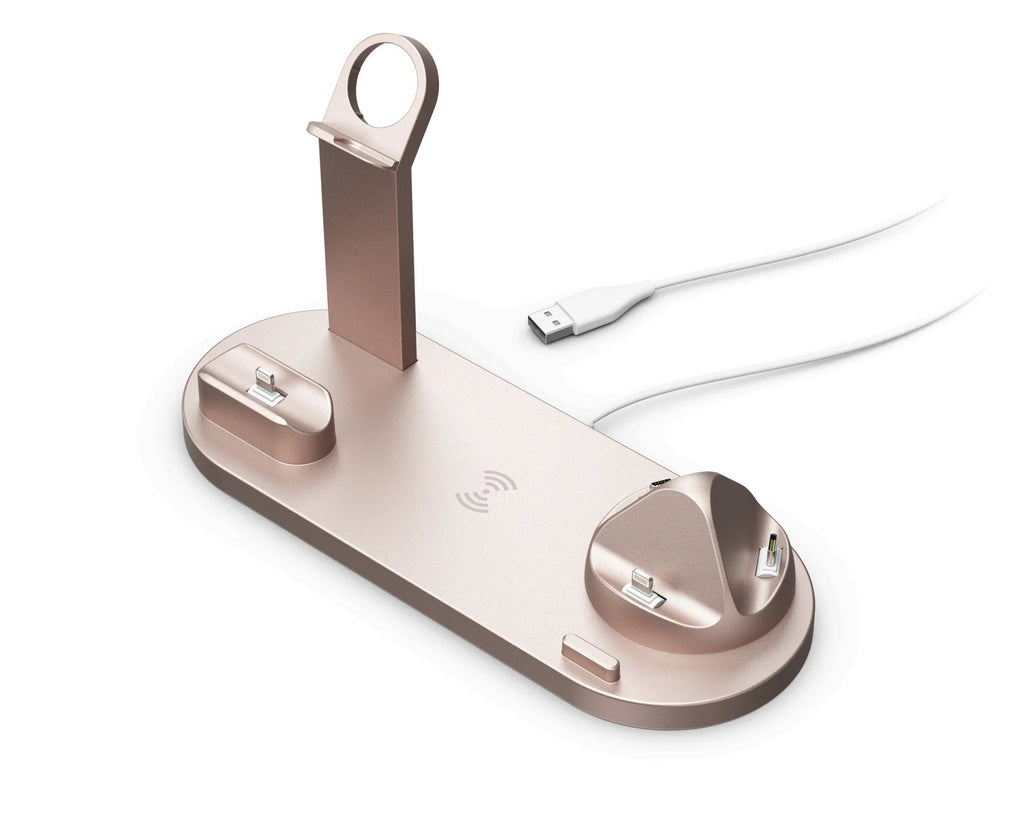 Black 15W wireless charging stand for phone headset and watch on a desk with a smartphone placed on the pad