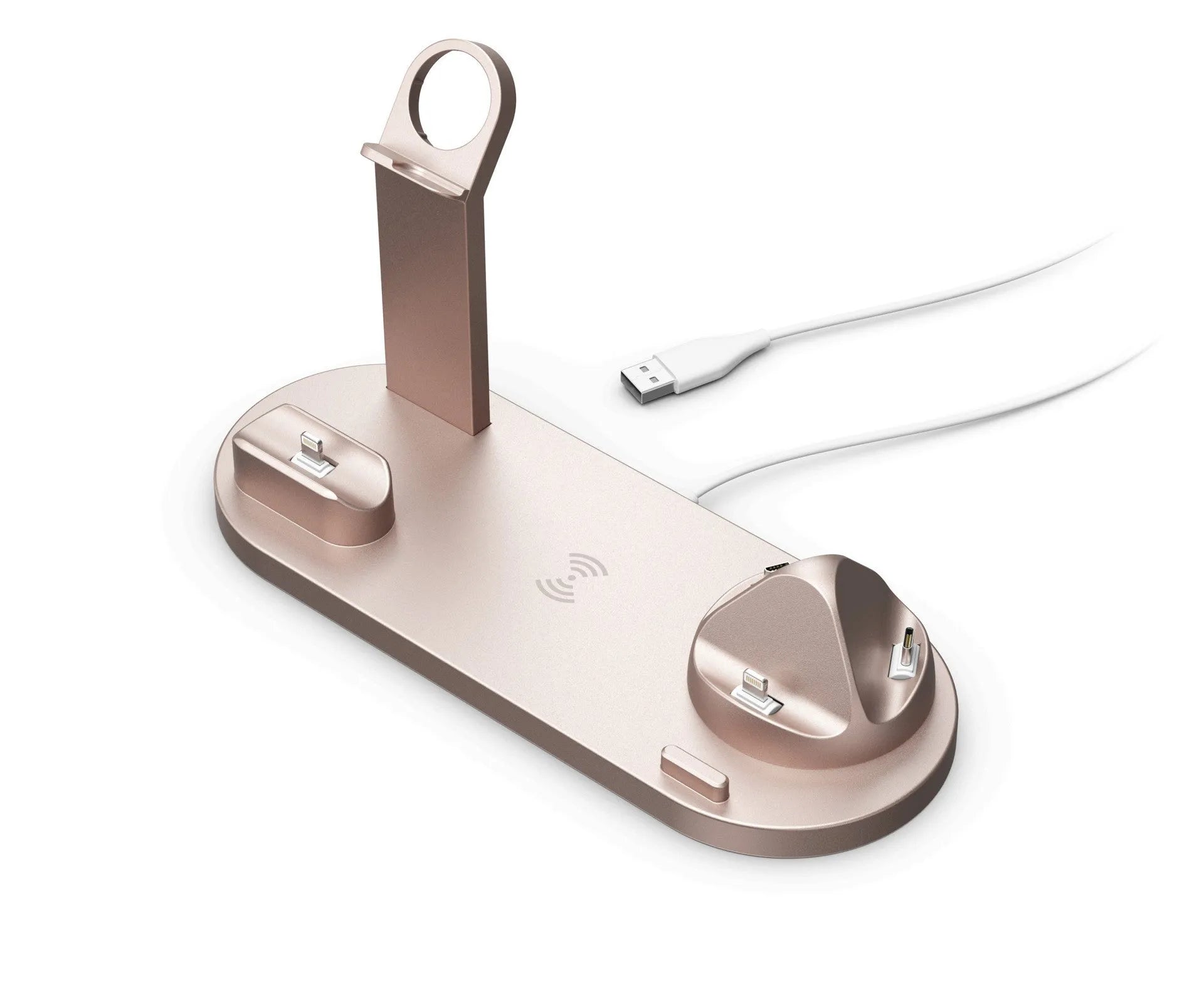 Black 15W wireless charging stand for phone headset and watch on a desk with a smartphone placed on the pad