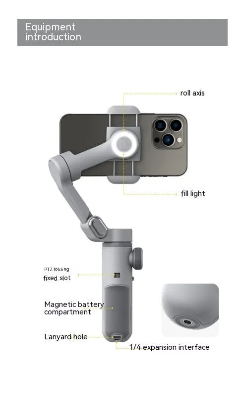 Pro Mobile PTZ Stabilizer three-axis anti-shake gimbal for smartphone in silver grey with ABS body and tripod