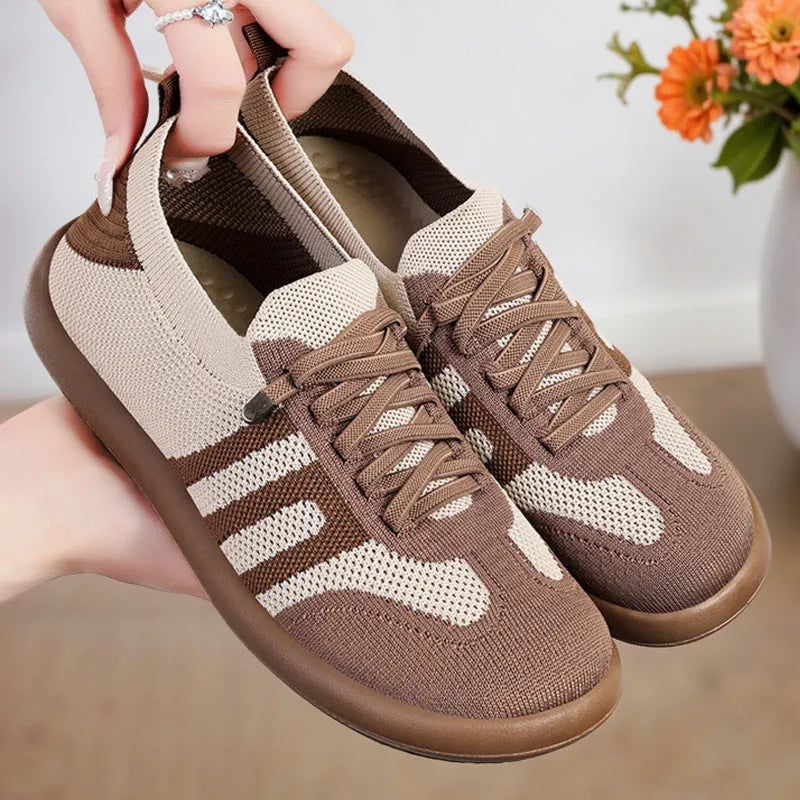 Retro German training shoes in camel with flyknit upper, polyurethane sole, and front lace-up closure
