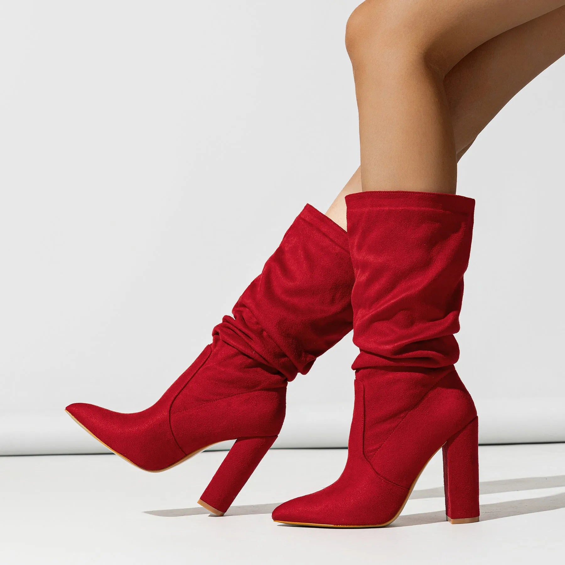 Women's chunky heel pointed-toe suede boots in black, apricot or red with super high heels