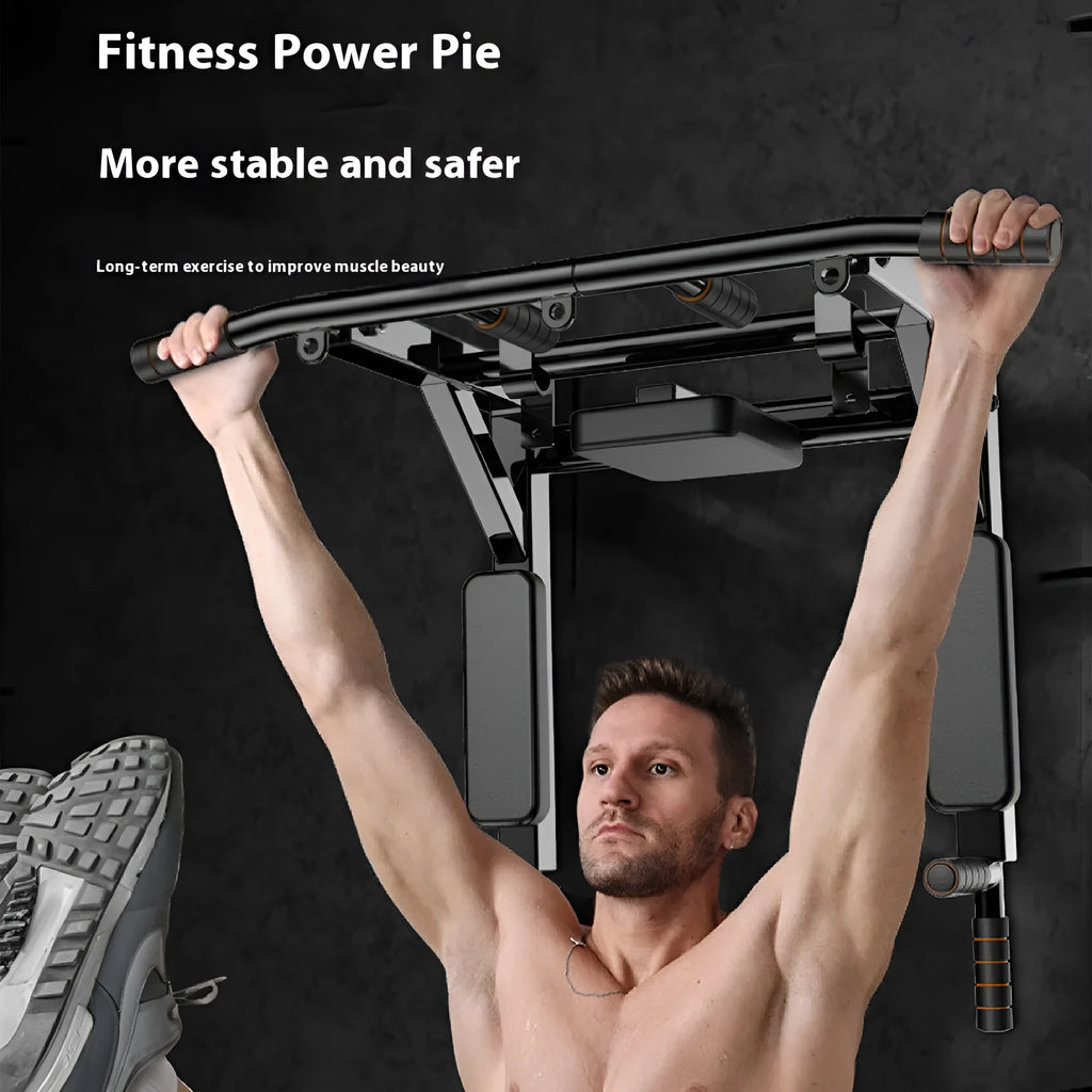 Black wall-mounted steel fitness rack with sandbag holder and single parallel bars for pull-ups