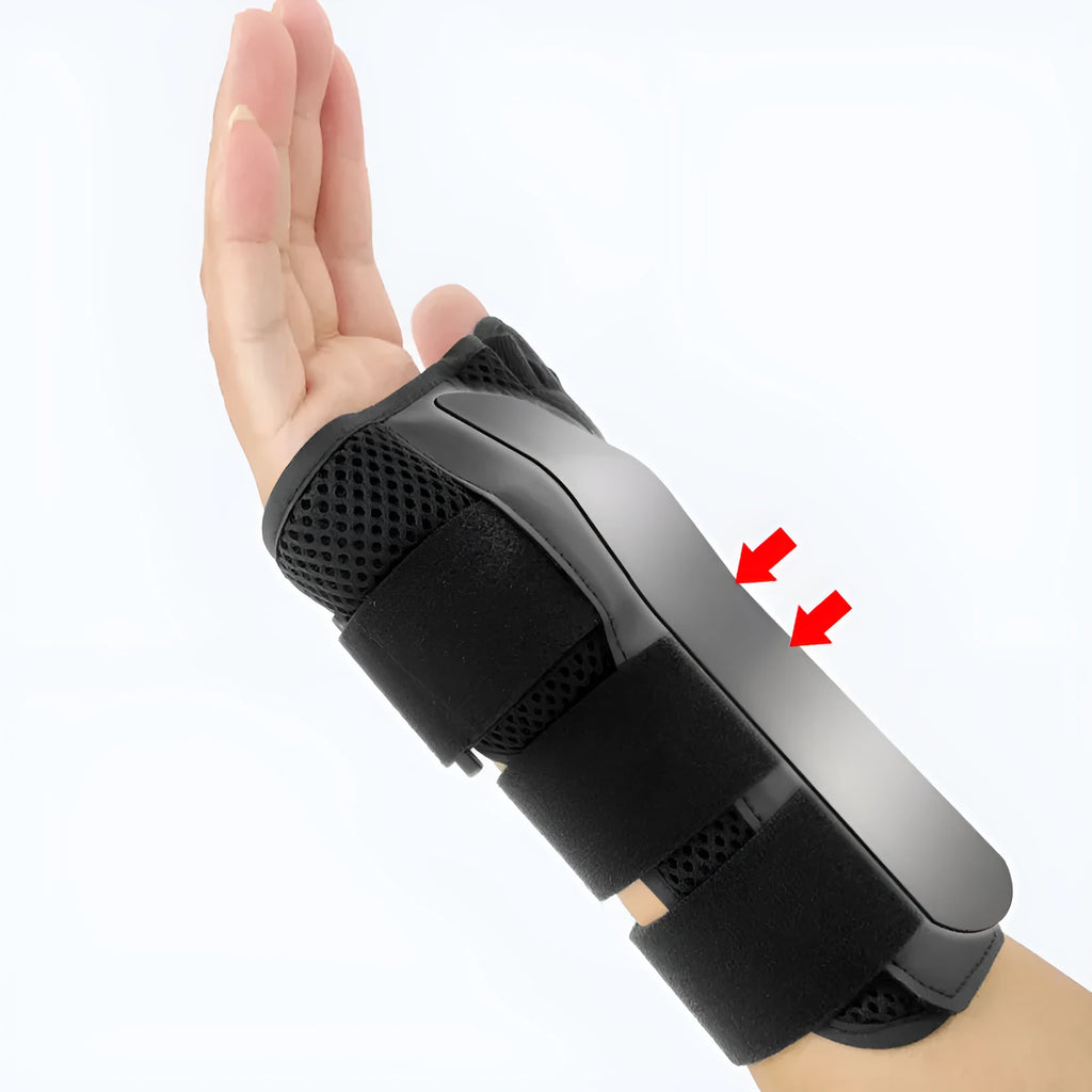 Black sports wrist guard with carbon fibre panel and adjustable thumb strap for weightlifting support