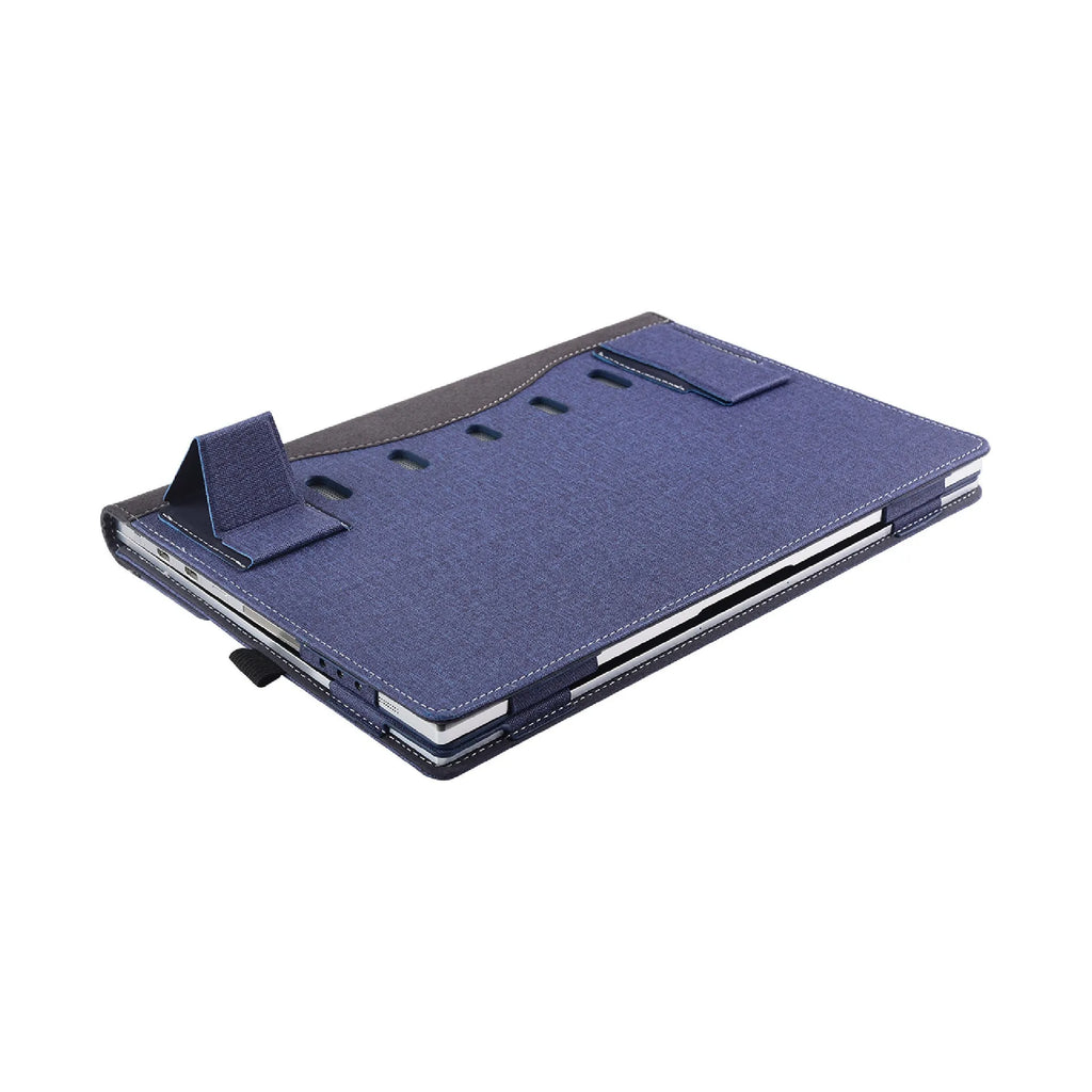 Black imitation leather Microsoft laptop protective sleeve with bracket design and Chinese craft fabric detailing