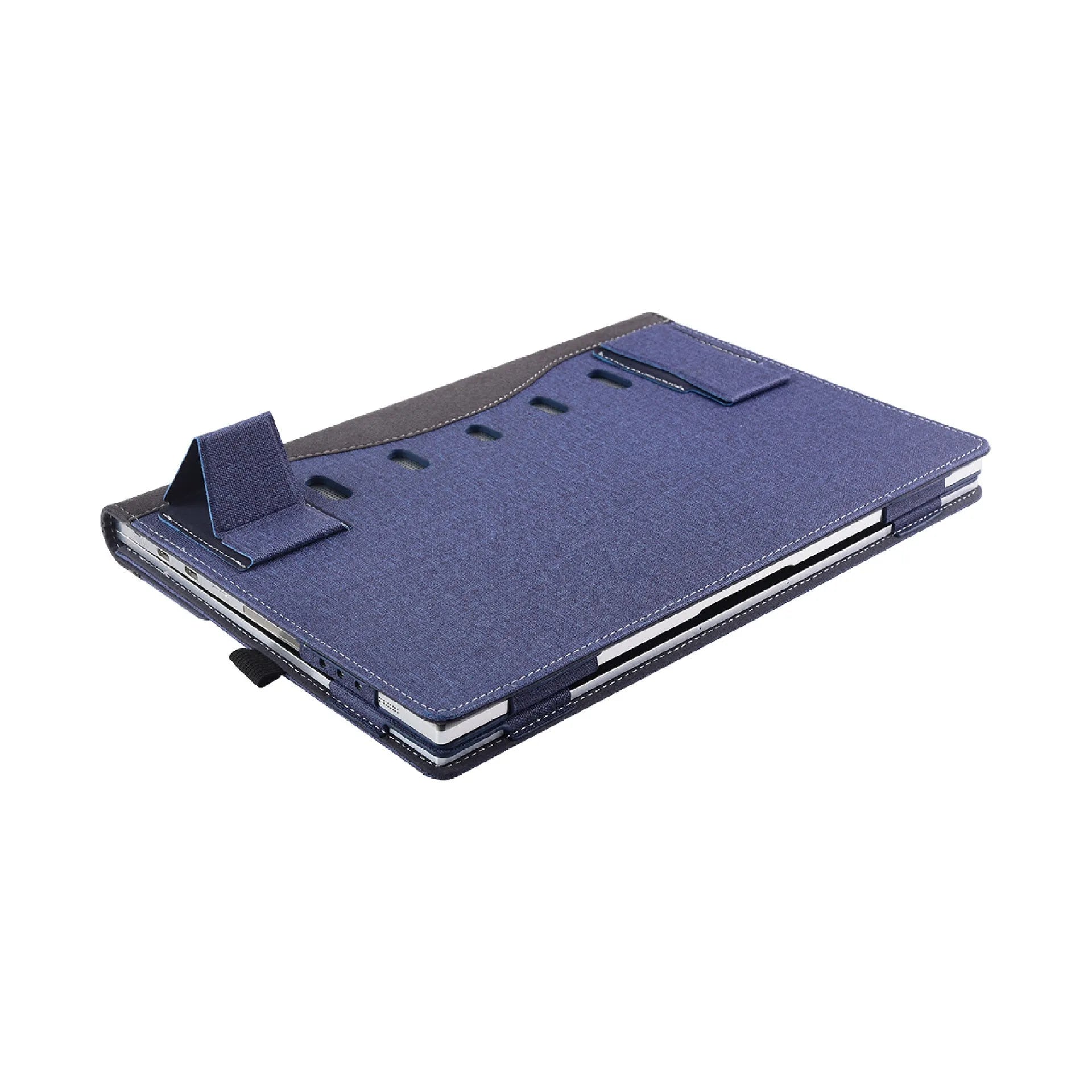 Black imitation leather Microsoft laptop protective sleeve with bracket design and Chinese craft fabric detailing
