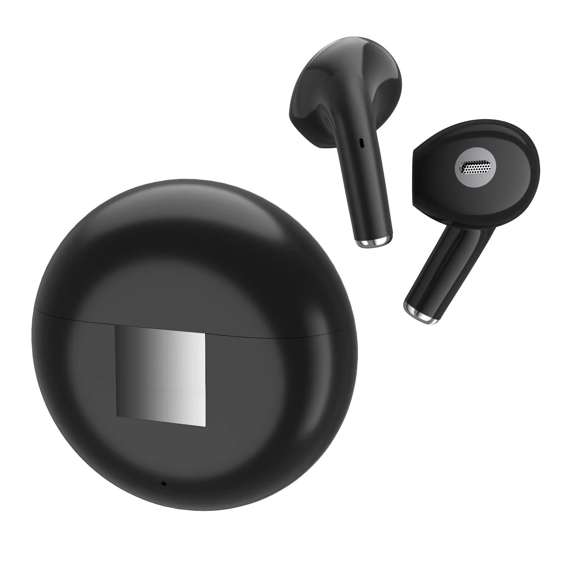 White Budz5 wireless Bluetooth earphones with semi-in-ear design and compact charging case